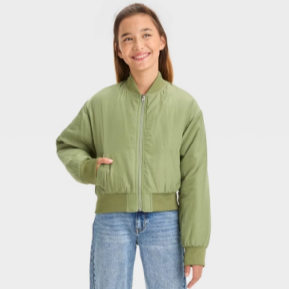 NEW! Girls' Cropped Bomber Jacket, Olive Green - art class - Picture 1 of 13